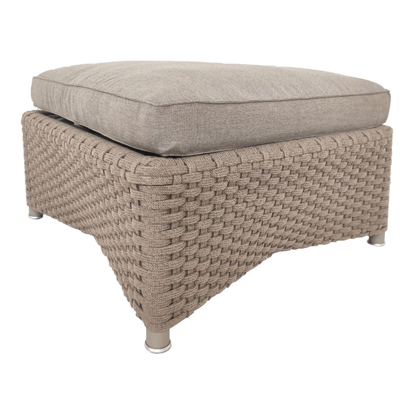 Light taupe woven outdoor ottoman with a soft, neutral cushion, featuring a textured pattern for a stylish look.