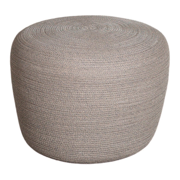 Round, textured pouf in soft gray, featuring a woven pattern that adds a modern touch to any decor.