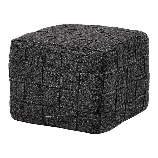 Black woven pouf with a textured pattern, featuring a sturdy square shape for versatile home decor.