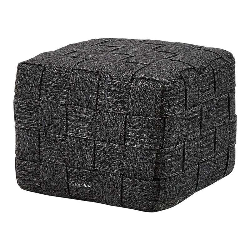 Black woven pouf with a textured pattern, featuring a sturdy square shape for versatile home decor.