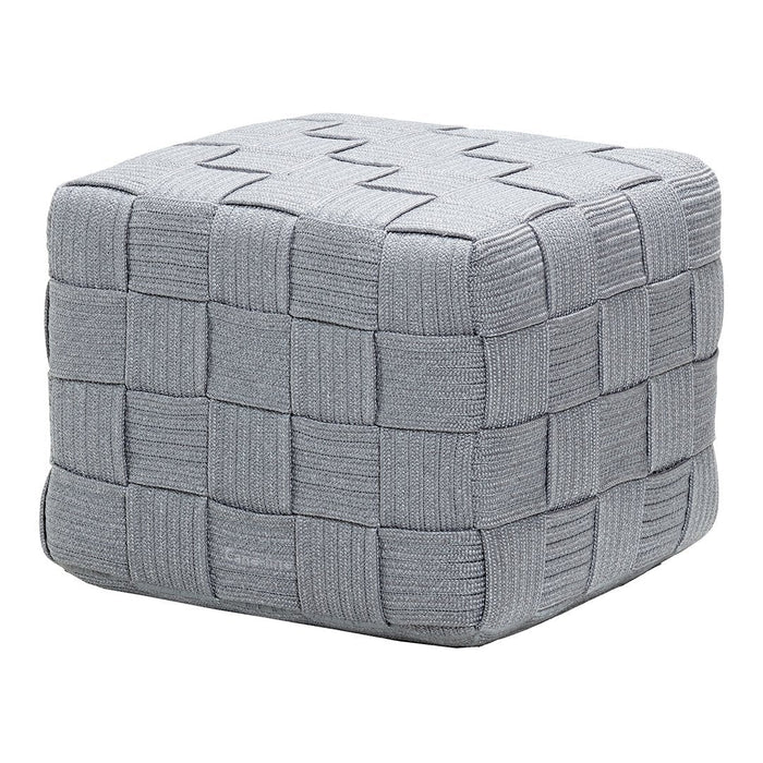 Gray woven cube pouf with textured pattern and subtle zigzag detailing. Perfect for modern decor.