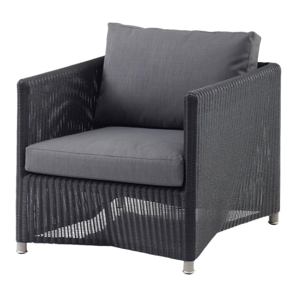 Gray wicker armchair with a matching cushion, featuring clean lines and a modern design. Perfect for contemporary spaces.