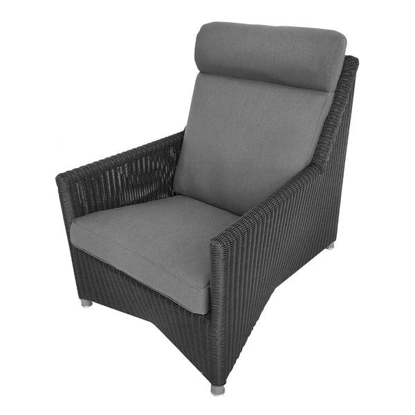 Grey wicker chair with a sleek design, featuring a soft grey cushion and a contemporary, patterned texture.