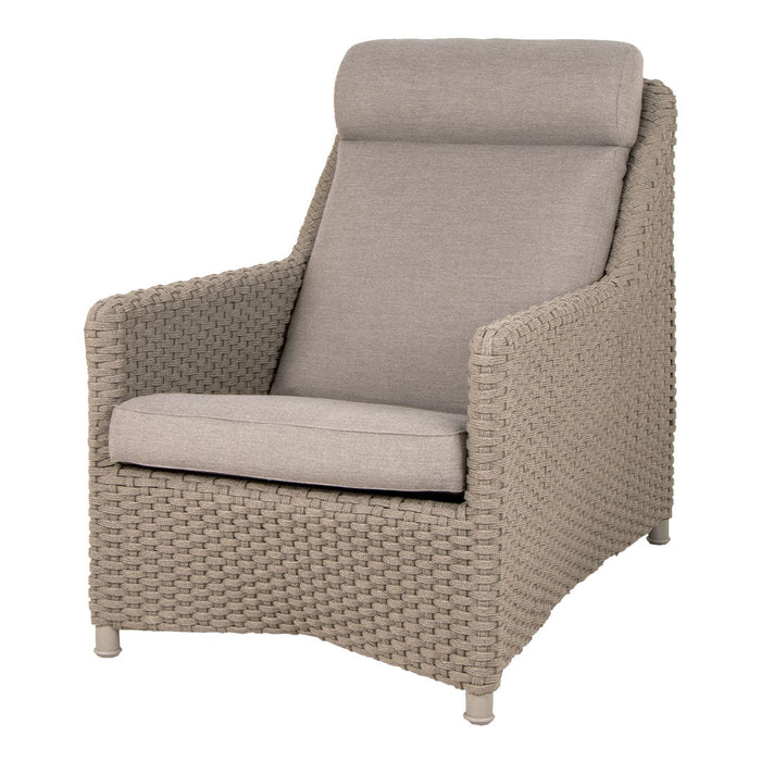Light beige woven armchair with a soft grey cushion, featuring a minimalist design and a sleek, modern aesthetic.