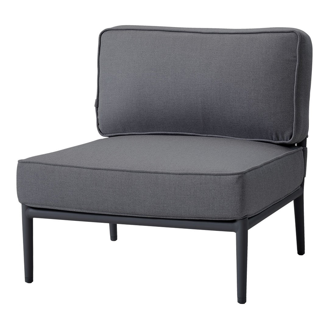 Gray upholstered chair with a sleek, minimal design and contrasting black metal frame. Ideal for modern decor.