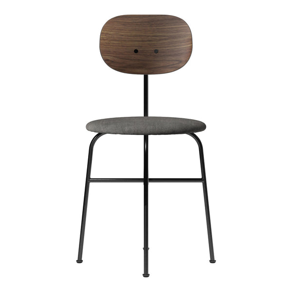 Wooden chair with a dark walnut back, gray fabric seat, and sleek black metal legs. Modern minimalist design.