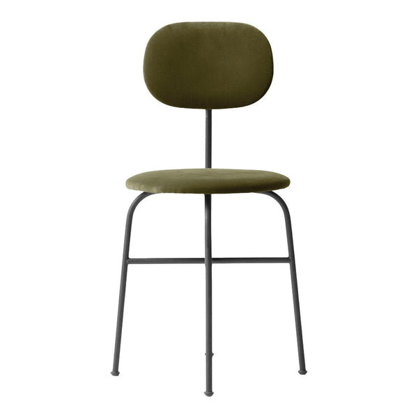 Olive green upholstered chair with a smooth, minimalist design and sleek black metal legs.