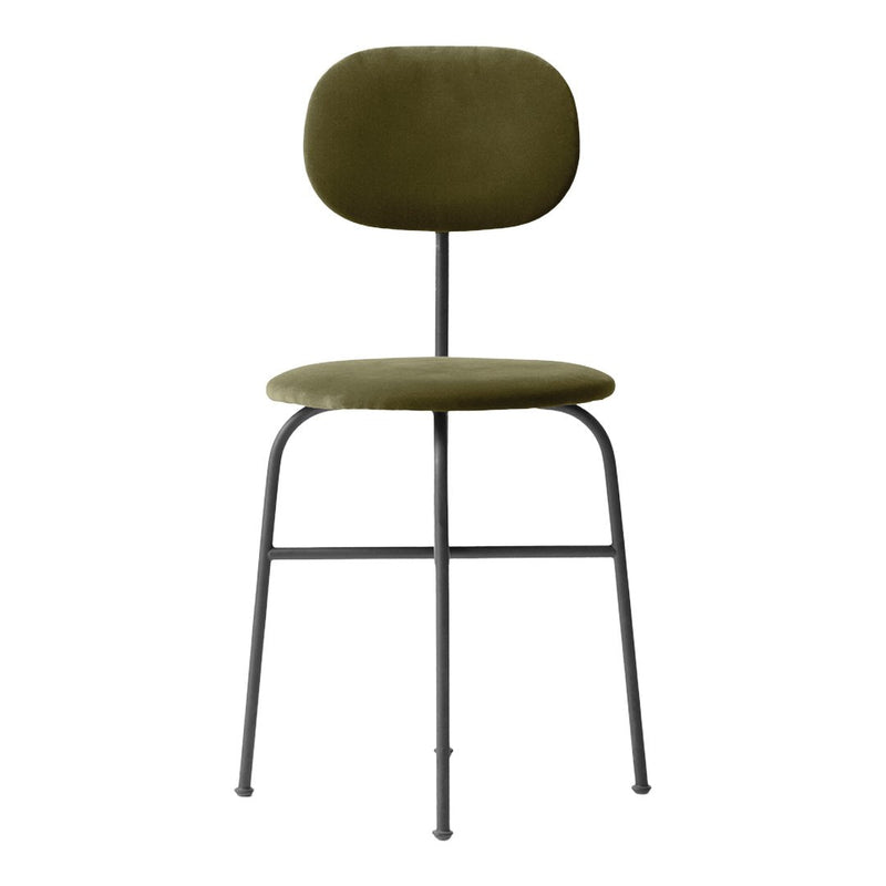 Olive green upholstered chair with a smooth, minimalist design and sleek black metal legs.