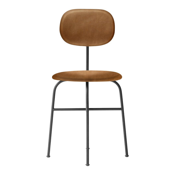 Brown leather chair with a sleek black metal frame, featuring a minimalist design and smooth curves.