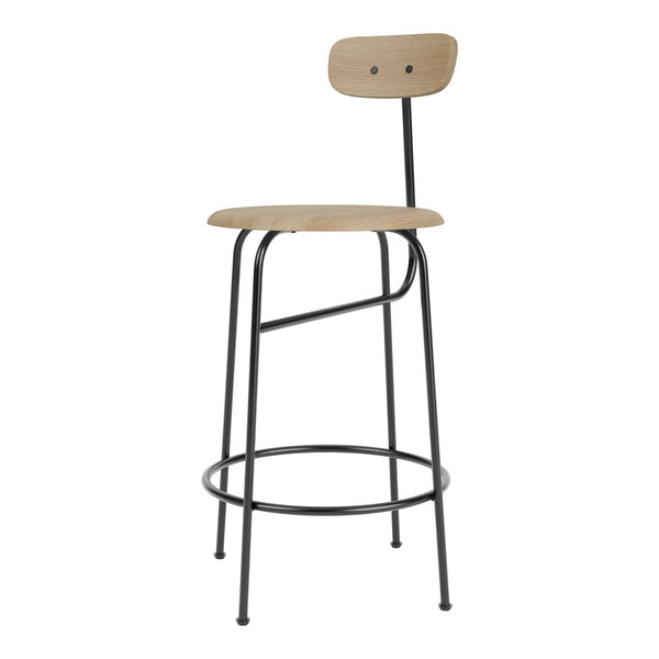 Wooden stool with natural beige seat and sleek black metal legs, perfect for modern decor.