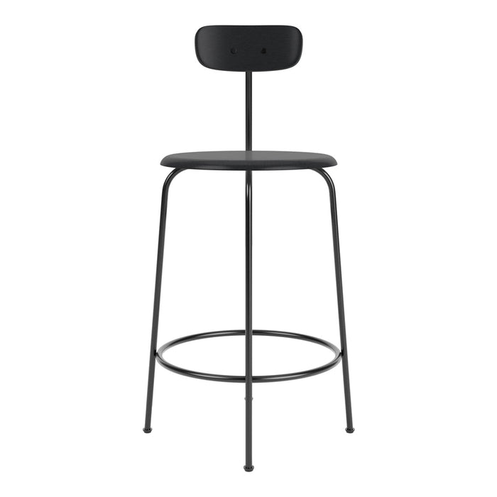 Black metal bar stool with a simple, minimalist design and smooth, uniform finishes. Perfect for modern decor.