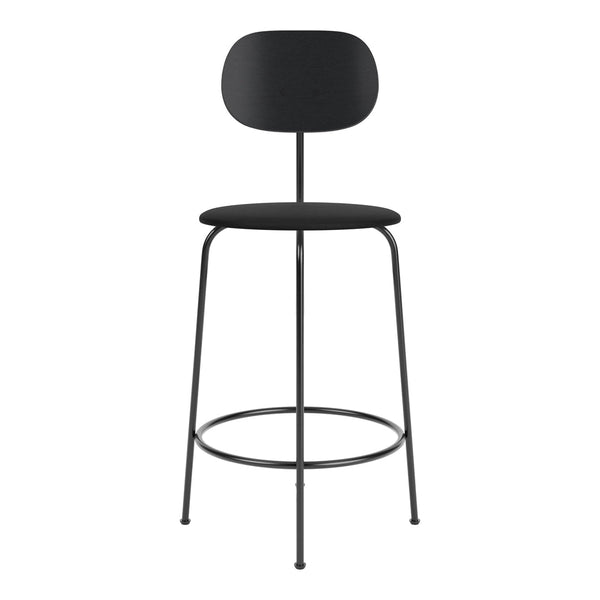 Black metal bar stool with a sleek, minimalist design, featuring a round seat and backrest in matching colors.