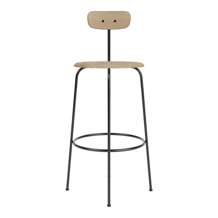 Natural wood grain bar stool with black metal frame and minimalist design, perfect for modern decor.