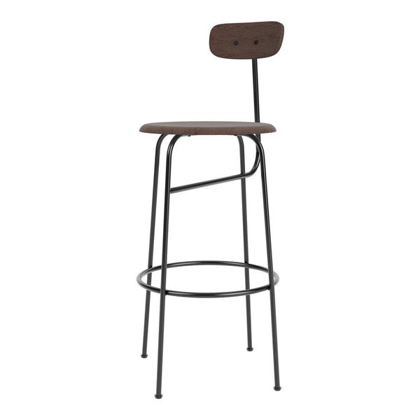 Brown wooden bar stool with a sleek black metal frame and minimalist design. Ideal for modern decor.