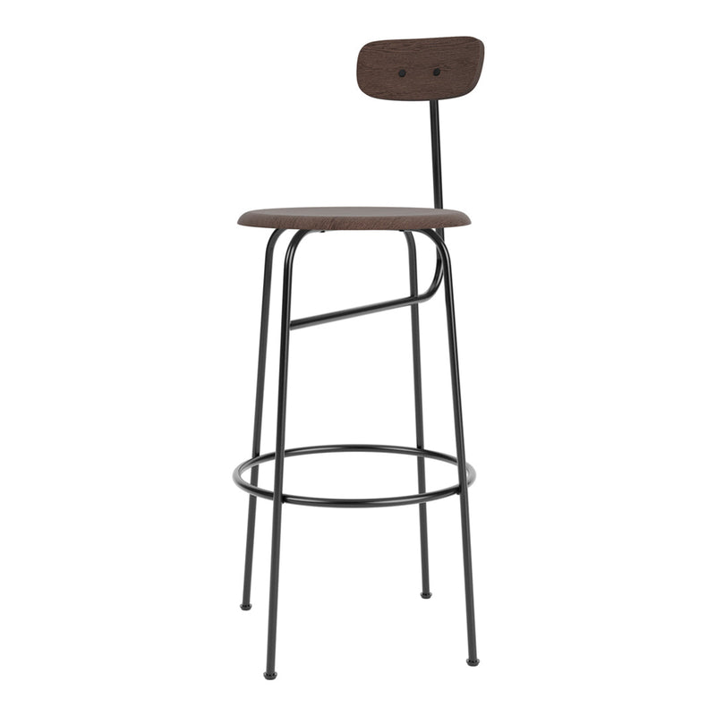 Brown wooden bar stool with a sleek black metal frame and minimalist design. Ideal for modern decor.