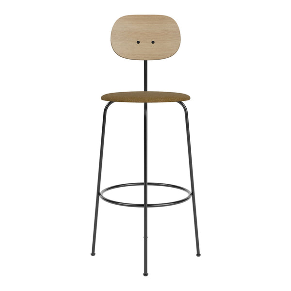 Modern bar stool featuring a light wood seat and back, with a dark metal frame and a warm brown, textured cushion.