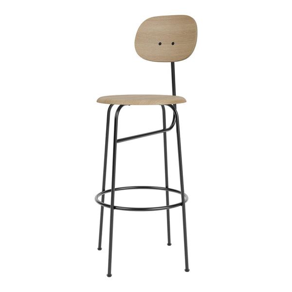 Natural wood bar stool with a minimalist design and black metal frame, featuring smooth surfaces and simple lines.
