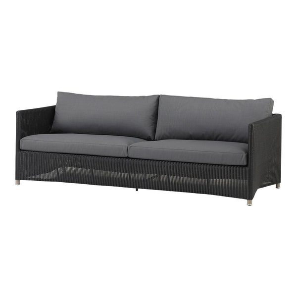 Modern outdoor sofa featuring a sleek black wicker design and dark gray cushions for a stylish look.