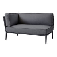 Stylish gray outdoor loveseat with smooth fabric and minimalist metal frame, perfect for modern patio decor.