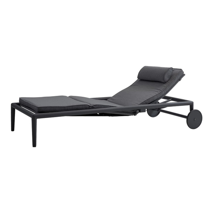 Sleek black lounge chair with a modern design and minimalistic patterns, perfect for outdoor relaxation.