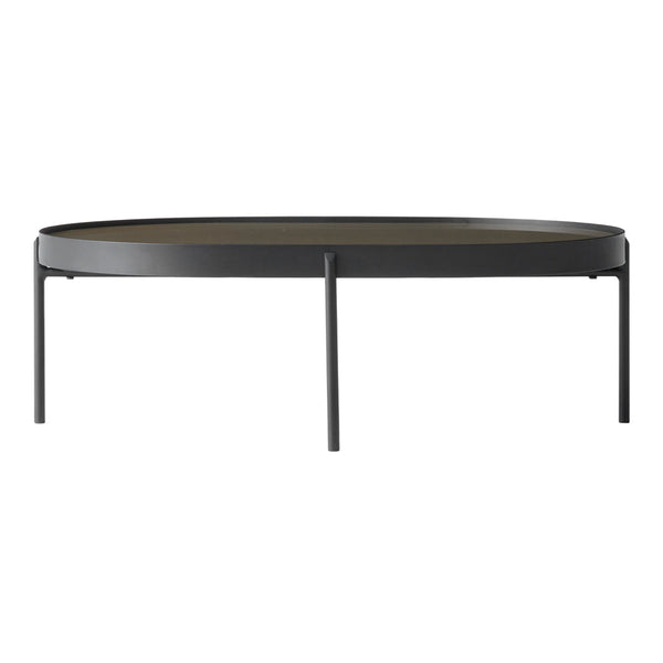 Elegant oval coffee table in dark gray metal with a sleek black top. Modern minimalist design enhances any decor.