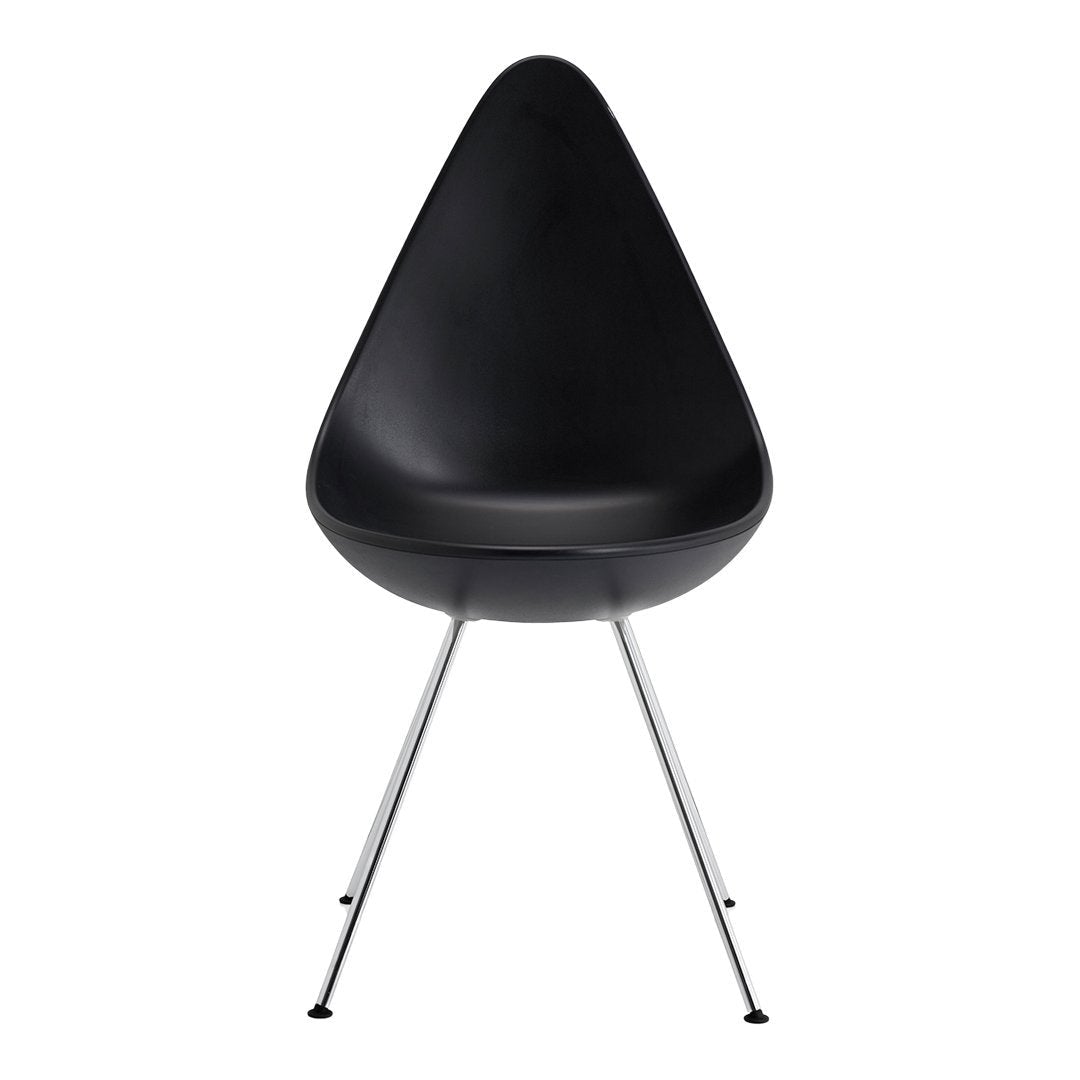 Sleek black teardrop chair with metallic silver legs, perfect for modern decor.