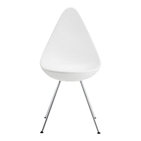 White teardrop-shaped chair with sleek chrome legs, perfect for modern decor. Clean lines and minimalist design.