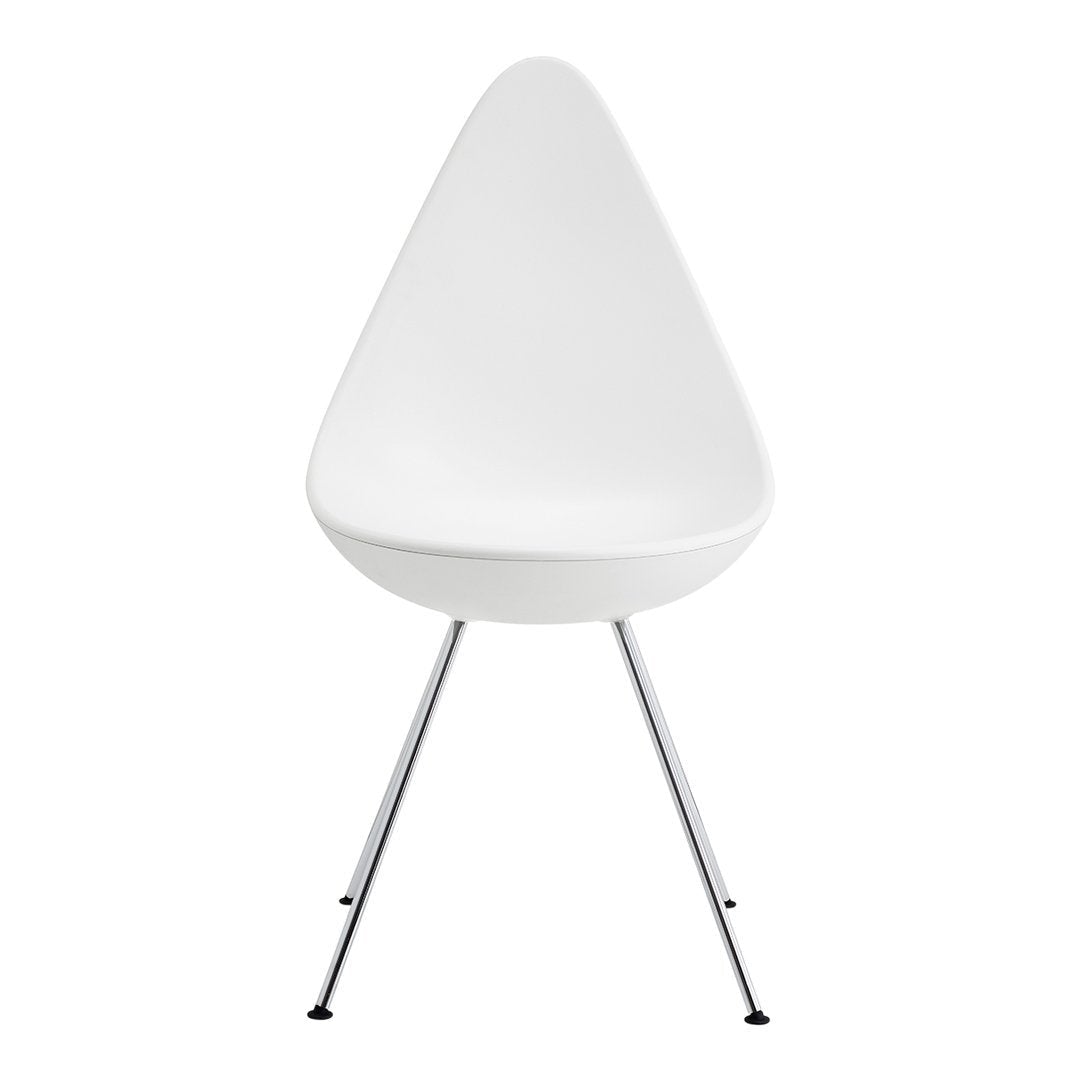 White teardrop-shaped chair with sleek chrome legs, perfect for modern decor. Clean lines and minimalist design.