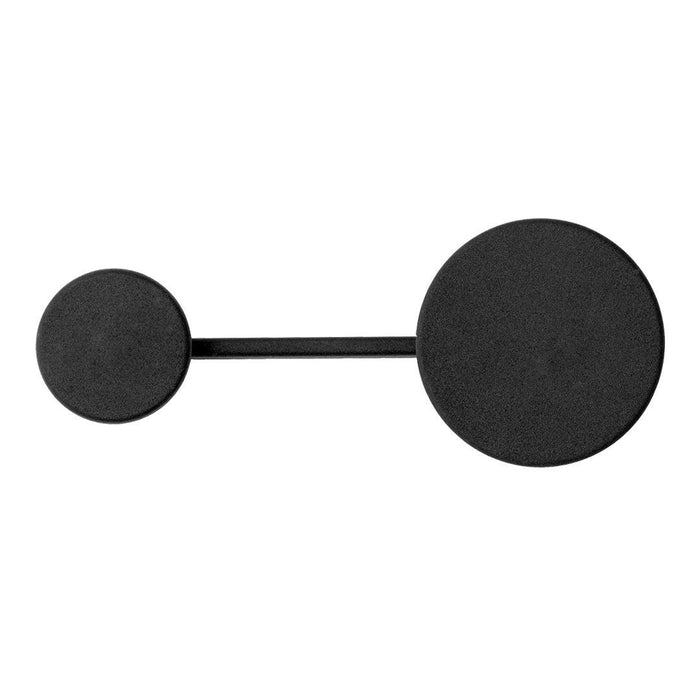 Black geometric earrings featuring two circular disk shapes in varying sizes, creating a modern minimalist look.