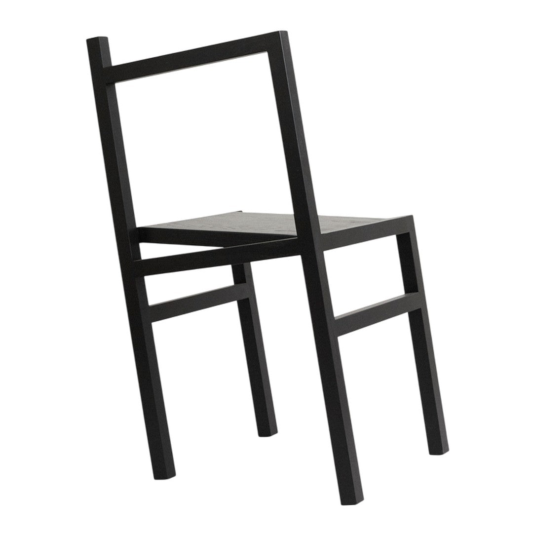 Black minimalist chair featuring a sleek design with a simple geometric pattern.
