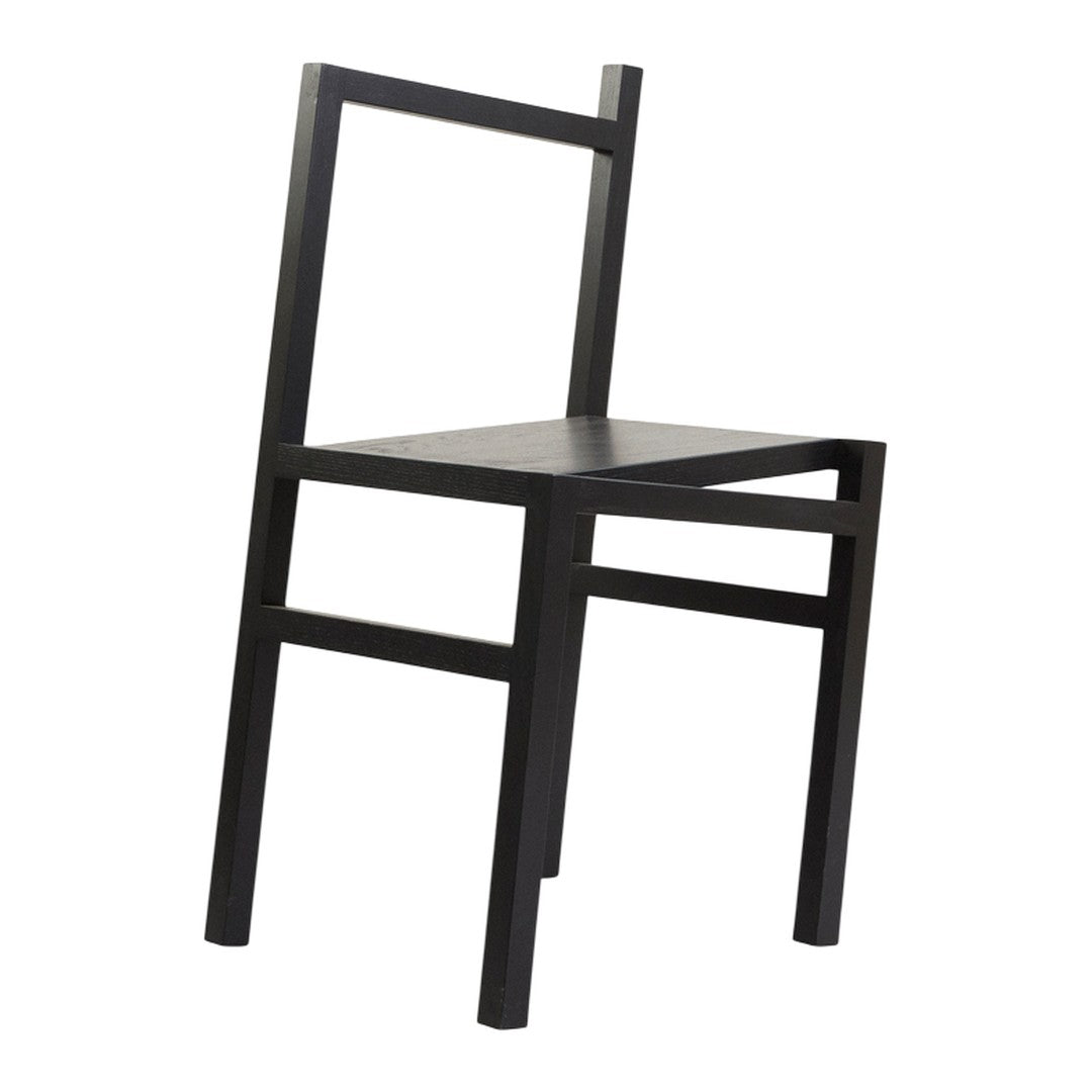 Sleek black chair with a minimalist design featuring straight lines and an open frame. Perfect for modern interiors.