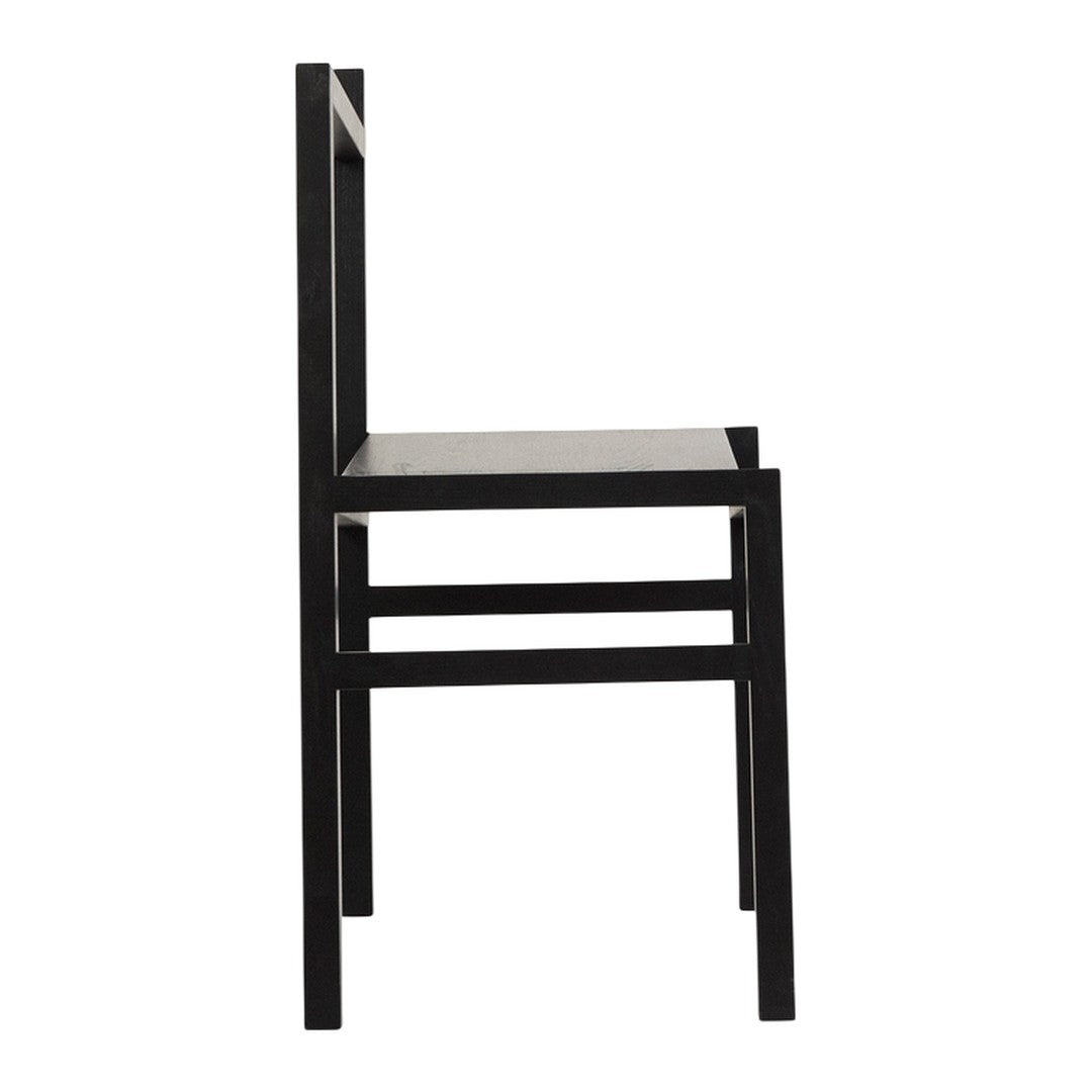Black wooden chair with a minimalist design, featuring clean lines and a solid color pattern.