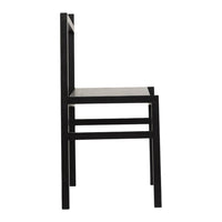 Black wooden chair with a minimalist design, featuring clean lines and a solid color pattern.