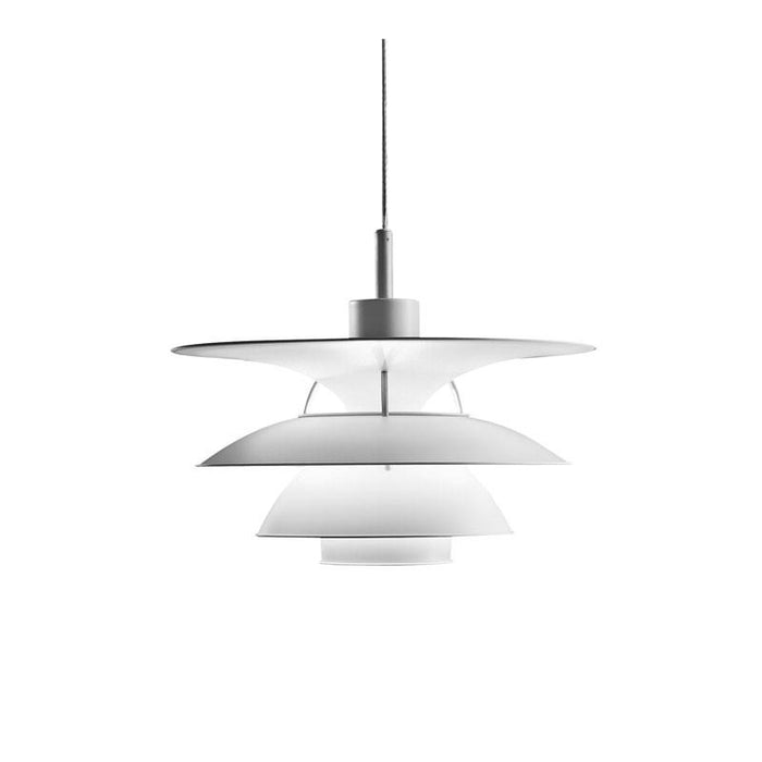 White pendant lamp with layered design and smooth finishes, creating a minimalist and modern aesthetic.