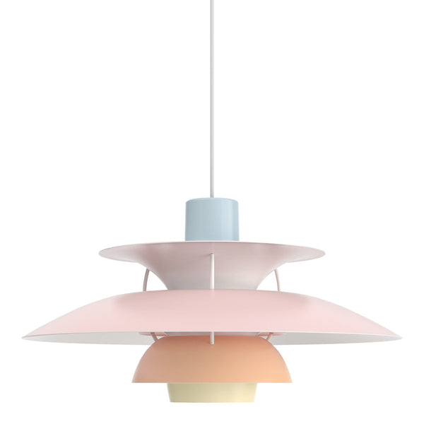 Pastel shades of pink, blue, and yellow in a layered design create a modern, elegant pendant light fixture.