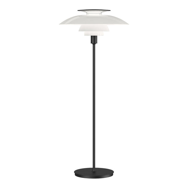 Modern black and white floor lamp with sleek, layered shades for a minimalist aesthetic. Perfect for contemporary decor.