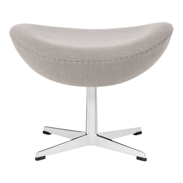 Gray upholstered stool with a sleek chrome base, featuring a smooth, curved design.