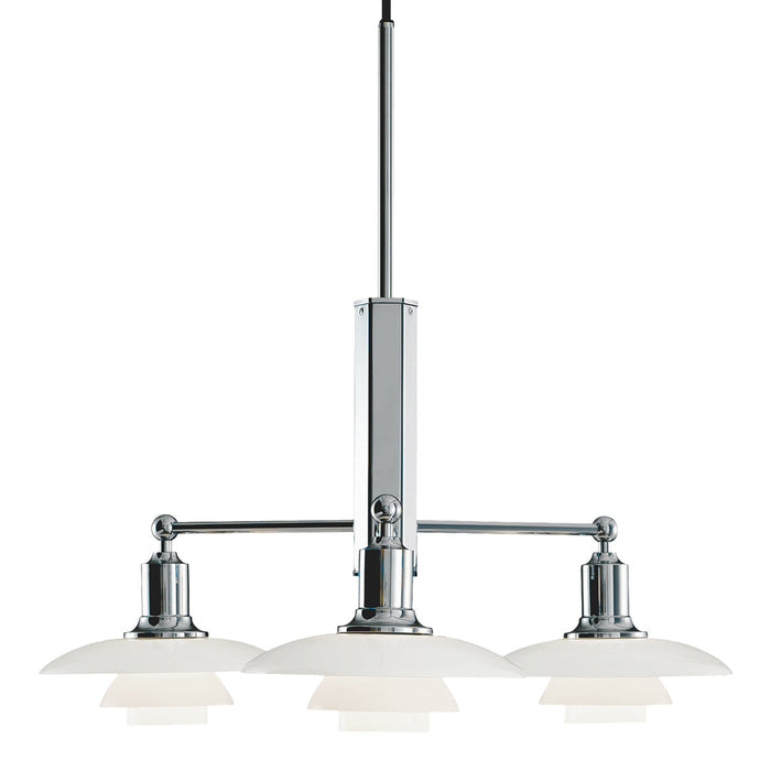 Sleek chrome finish pendant light with three frosted white glass shades, perfect for modern decor.
