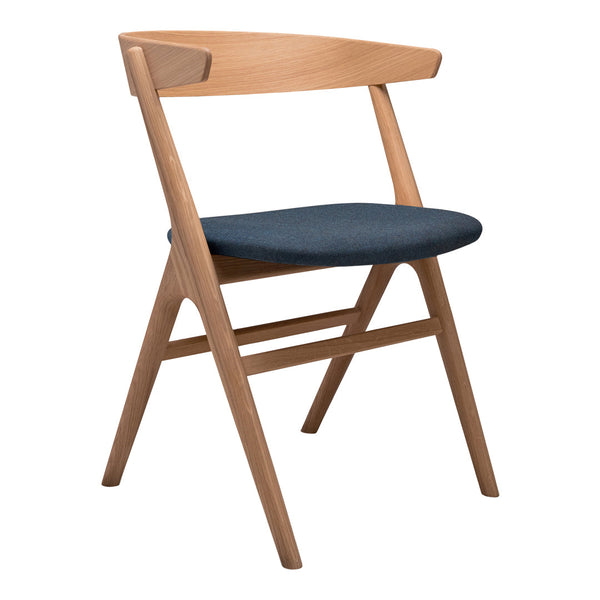 Light wood chair with a sleek, blue fabric seat. Modern design and minimalist style, perfect for any decor.