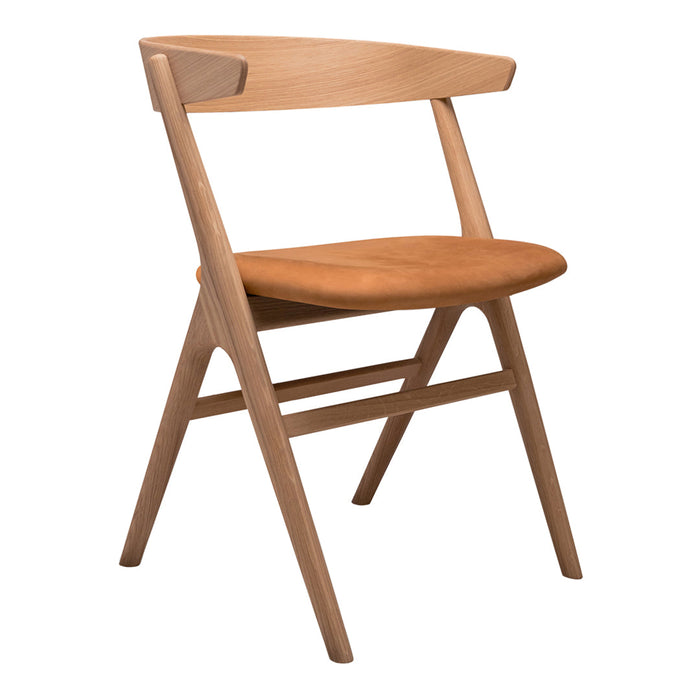 Light wood chair with a smooth natural finish and a warm orange-brown fabric seat. Minimalist design without patterns.