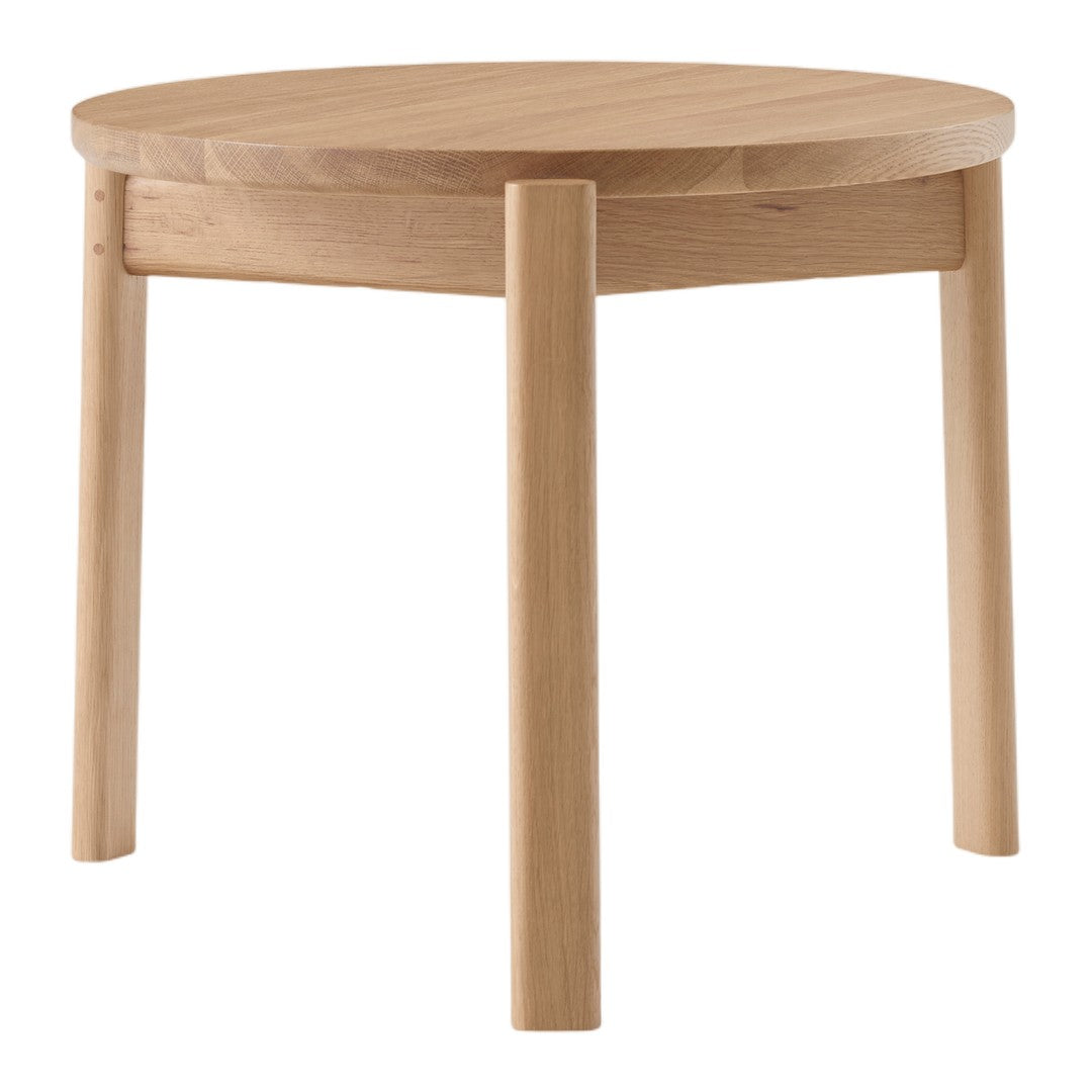 Natural wood round side table with a smooth finish and simple design, featuring light beige tones and no patterns.