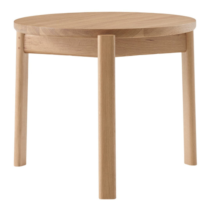 Natural wood round side table with a smooth finish and simple design, featuring light beige tones and no patterns.