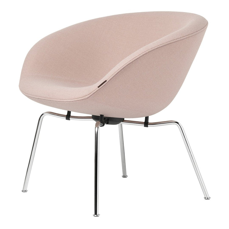 Pink upholstered chair with smooth curves and chrome legs, featuring a modern minimalist design ideal for any decor.