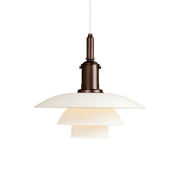 Three-tiered pendant lamp in creamy white with a sleek bronze finish, featuring a minimalist design.