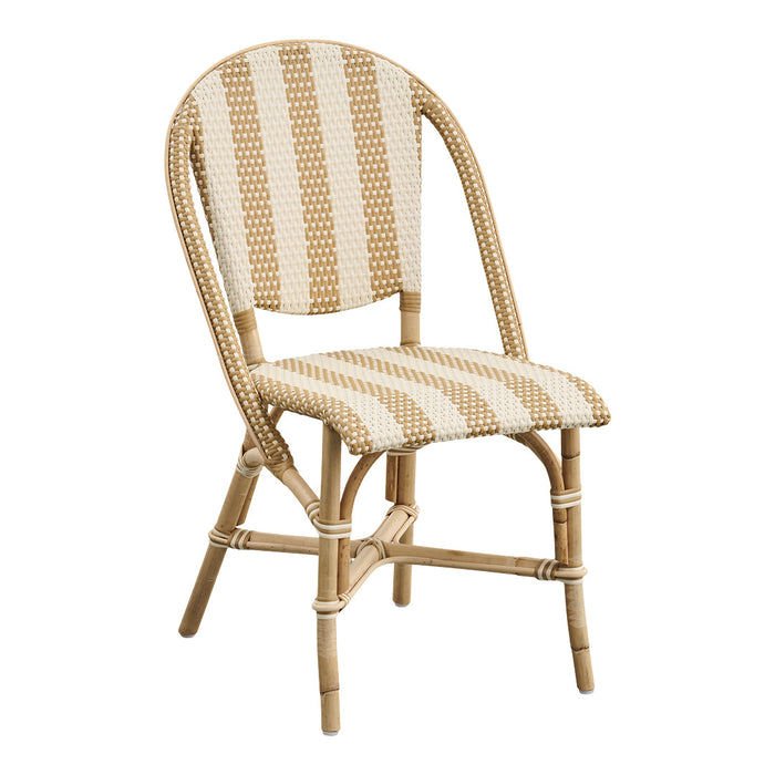 Beige and white striped rattan chair with a sleek bamboo frame, perfect for a stylish outdoor setting.