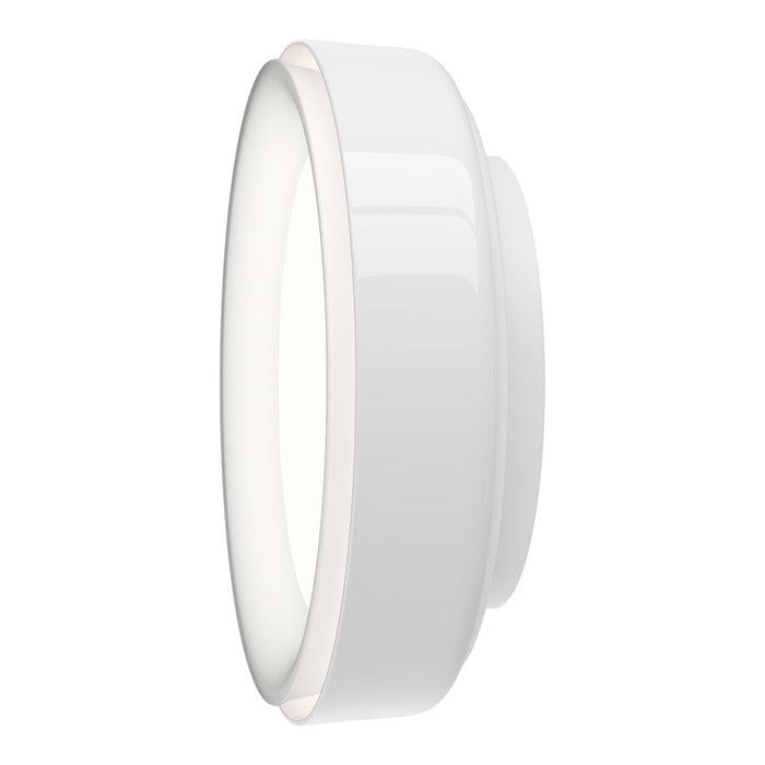 Glossy white circular wall light with smooth edges and a minimalistic design. Modern and sleek home decor accent.