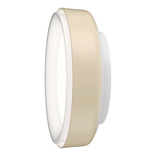 Beige and white wall-mounted light fixture with a smooth, sleek design and subtle round shape. Perfect for modern decor.