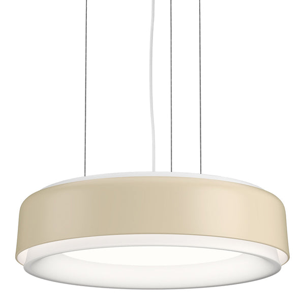 Beige circular pendant light with a smooth, modern design and white inner glow, perfect for contemporary interiors.