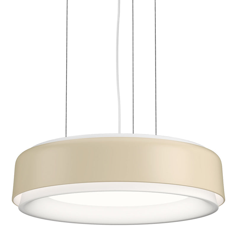 Beige circular pendant light with a smooth, modern design and white inner glow, perfect for contemporary interiors.