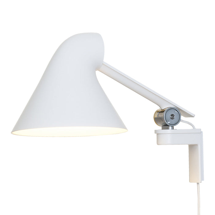 White modern desk lamp with a sleek cone shade and adjustable arm, featuring a minimalist design for a clean, contemporary look.